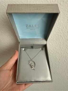 Zales Silver Cat on Crescent Moon Necklace - White Gold w/ Diamonds